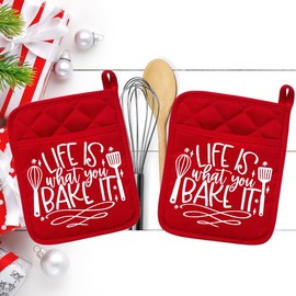 Set of 2 Red - Life is What You Bake It - Pocket Pot Holder - Oven Mitt - Hot Pad - Polyester & Neoprene White Elephant - 9" x 7" - cph-019