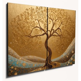 The Plum Penguin Golden Tree MDF Wall Art, 2 Piece A4, Klimt Inspired Ornate Design on Wood Canvas Alternative 40 x 30cm