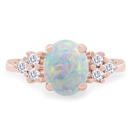 AFFY Oval Cut Synthetic Opal And Round Cut Cubic Zirconia Oval Frame Engagement Ring For Women In 14K Rose Gold Plated 925 Sterling Silver Ring Size - 9