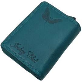 Small Genuine Cowhide Leather Women's Wallet / Purse / Purse in Portrait Format with Butterfly Motif or without Motif with RFID & NFC Protection, petrol, Modern