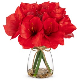 Briful Red Amaryllis Artificial Flower Arrangement 11.8" Faux Silk Amaryllis in Glass Vase with Faux Water Pebbles Fake Floral Centerpiece for Home Office Room Table Shelf Rustic Décor