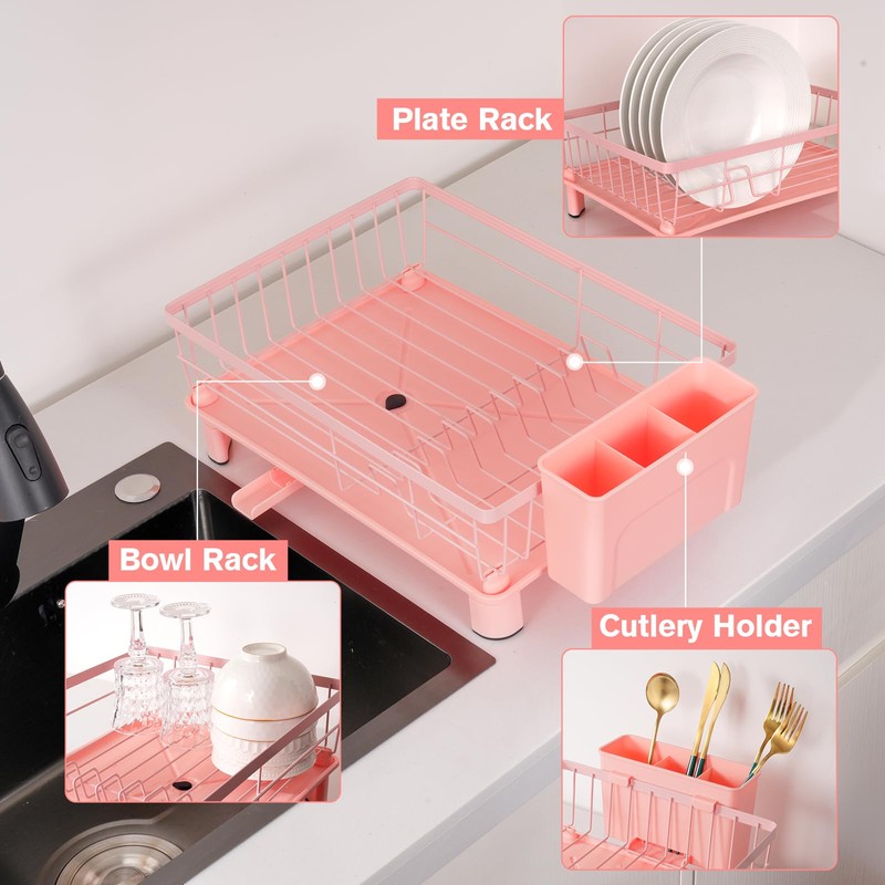 YOFUGA Cute Pink Dish Drying Rack with Drainboard,Dish Racks for
