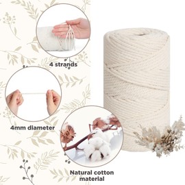 ipow Macrame Yarn, Cotton Yarn, 4 mm x 100 m, Cotton Cord, 100% Cotton Rope for Crafts, Knotting, Decoration, Hanging Baskets, Macrame Curtain, etc., Natural