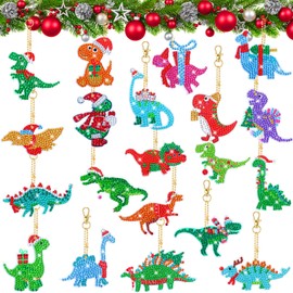 20 Pcs Christmas Dinosaur Diamond Art Keychains Diamond Painting Keychains 5D DIY Diamond Art Kits Dinosaur Gem Diamond Keychains Diamond Key Rings for Adults Beginners Holiday Craft Decoration