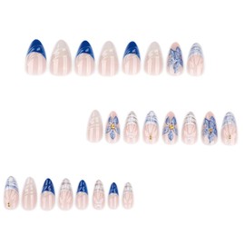 24Pcs Blue Flower Press on Nails Medium Almond Nail French Fake Nails with Blue Wave Beach Nail Art Almond Shaped Stick on Nails Summer False Nail Handmade DIY Set for Women