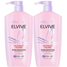 L'Oreal Paris Elvive Glycolic + Gloss Shine Boosting Shampoo and Conditioner Set, Cleanses and Smooths Dull, Porous Hair Into High-Shine, Glossy Hair, 1 Kit
