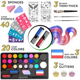 ADIS&GUYS Face Painting Kits for Kids 107-Piece Set with 20 Water-Based Colors, Hair Chalk, 40 Stencils, Brushes, and Quick-Dry, Non-Toxic Makeup for Sensitive Skin, Face Paint for Parties and Gifts.