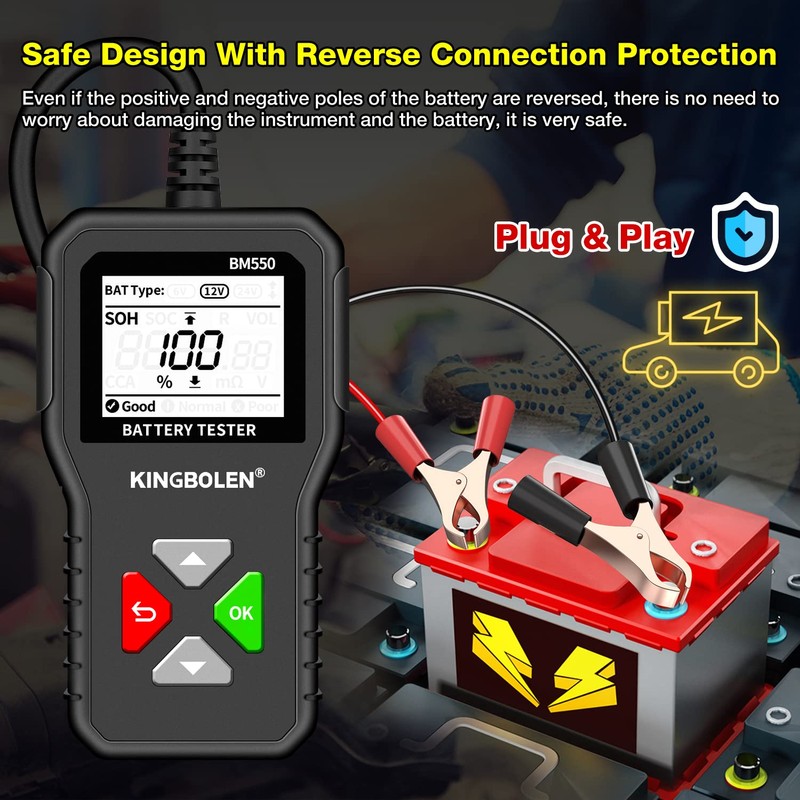 KINGBOLEN BM550 6V 12V 24V Car Battery Tester, 100-2000 CCA