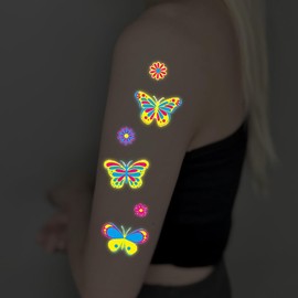 Glow in the Dark Tattoos 80 PCS Glow in the Dark Party Supplies, Neon Body Paint Be UV Blacklight Reactive Face Temporary Tattoo for Adults, Neon Accessories Party Favors Decorations Q747