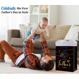 BIZIBAFF First Fathers Day Gift Bag - 13" Large Father's Day Gift Bag with Tissue Paper Happy 1st Father's Day Paper Bag for First Time Dad New Dad Daddy