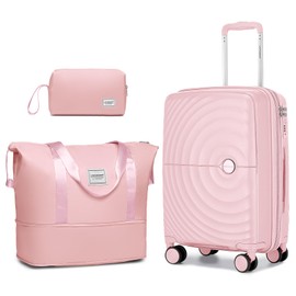 LARVENDER 20in Carry On Luggage, PP Hardside Luggage Set 3 Piece, Expandable Travel Suitcase Set with TSA Lock，Lightweight Suitcases with Wheels for Women Men(LIGHT PINK/20/DB/TB)