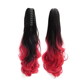 YOEMAYUNER 21" Ponytail Extension Claw Curly Wavy Clip in Hairpiece Wavy Ponytail Hair Extensions Long Pony Tails for Women (1PC Black Red)