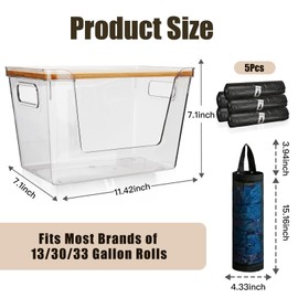 FHUIEWRY Large Trash Bag Dispenser with Bamboo Lid, Clear Open Front Trash Bag Holder with Plastic Bag Holder and Trash Bags 100 Counts for Kitchen Laundry Room Under Sink Organization and Storage