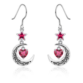 Shysnow Moon Birthstone Earrings for Women 925 Sterling Silver Half Moon Star Dangle Drop Earrings with Heart Crystal Birthday Jewelry for Women, Sterling Silver, Cubic Zirconia