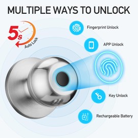 DSJJBLL Fingerprint Door Lock, Smart Door Knob with Lock, Biometric Door Lock with App Control & Key, Keyless Door Locks for Bedrooms, Front Door, Home, Finger Print Door Knobs Satin Nickel, 1 Pack