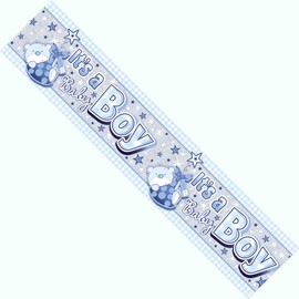 It's A Boy Party Banner Baby Shower Baby Boy's Birth Welcome Baby Decoration Extra Wide Giant Cute Teddy Blue Stork Recyclable Eco Friendly Holographic Shiny Sparkly Party Banner
