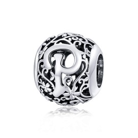 Shining Charm Letter Initial P Alphabet Beads Round Flower 925 Sterling Silver Charms for Bracelets