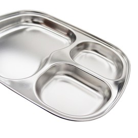 Korean Stainless Steel Divided Plates, Kids Toddlers Babies Tray, BPA Free, Diet Food Control, Camping Dishes, Compact Serving Platter, Dinner Snack, 3 Compartment Plate Silver, Set of 2