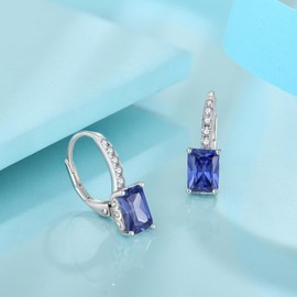 FJ Princess Cut Hanging Earrings Women's 925 Sterling Silver Square Solitaire Earrings Birthstone Jewellery Gifts for Women, Sterling Silver Cubic Zirconia, Tanzanite