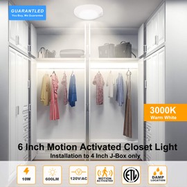Closet Lights Motion Sensored Indoor Ceiling Mount LED- 10W 3000K Closet Stair Porch Ceiling Pantry Motion Activated Light, 6-7/8 Inch 90CRI 600lm Hardwire to Junction Box, No Battery, Damp Rated ETL