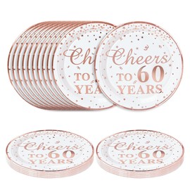 SietDESEO 50 PCS Cheers to 60 Years Paper Plates with Rose Gold Foil 7 Inch Disposable Plates 60th Birthday Dessert Plate for Birthday Party Supplies