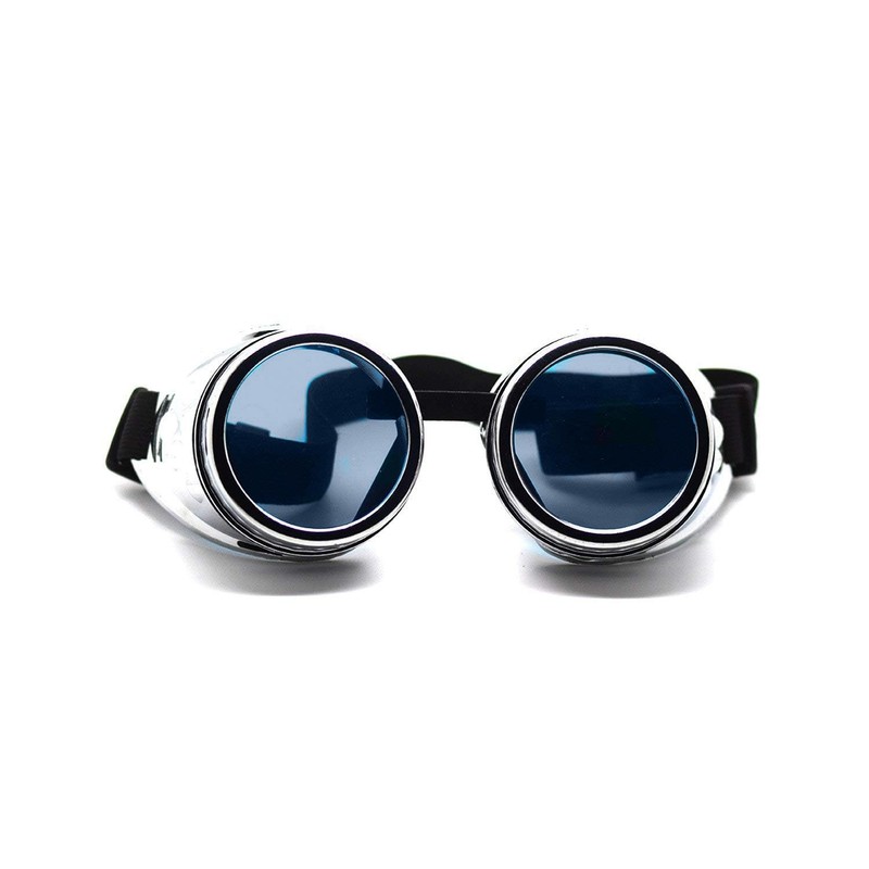 Ultra Silver with Blue Lenses Steampunk Goggles Mens Womens Cyber