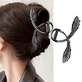 Feather Metal Hair Clips Claw, 1Pcs 4.5Inch Elegant Hair Claw Clips for Thin Thick Hair Accessories Alloy Feather Hair Claw Nonslip Ponytail Holder Shark Claw Women Girls(Black Feather)