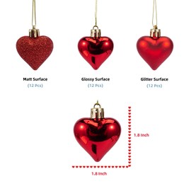 Fashionwu 36Pcs Valentine Tree Decorations Heart Shaped Ornaments Hanging Baubles Tree Ornaments for Christmas Tree Romantic Valentine's Day Decor for Home Party Wedding, Red
