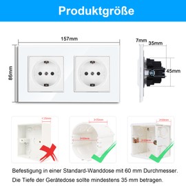 CNBINGO Double Socket Flush-Mounted with Claws, Schuko Socket Tempered Glass Pane, White Protective Contact Wall Socket, 2-Way, 16 Amp, 250 V, Pack of 2