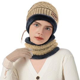 Winter Beanie Hat Circle Scarves Touchscreen Gloves Set, Warm Thick Fleece Lined Skull Cap Gloves Neck Warmer for Women Men, Beige