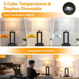 Kondras Set of 2 Table Lamps for Bedrooms, 3-Color Temperatures Touch Control Bedside Lamps with 2 USB Ports&AC Outlet, Stepless Dimmable Living Room Lamps for Nightstand, Bulbs Included, White&Black