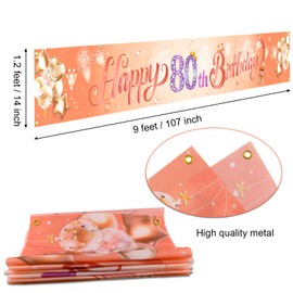 HOWAF Super Large Happy 80th Birthday Banner for Women 80th Birthday Party Decoration Rose Gold, Women 80th Birthday Photo Booth Backdrop Background Banner for Garden Table Wall Decoration, 9*1.2 Feet