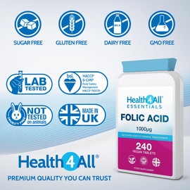 Health4All Folic Acid 1000mcg 240 Tablets (8-Month Supply) - Supports Healthy Prenatal Development - UK Made Vegan Folic Acid High Strength Vitamin B9 Tablets