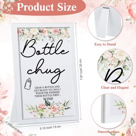Roowest Bottle Chug Baby Shower Game Favors Including Flower Theme Bottle Chug Game Wooden Sign and 18 Pcs Pink Baby Bottles for Baby Shower Game Gender Reveal Party Supplies
