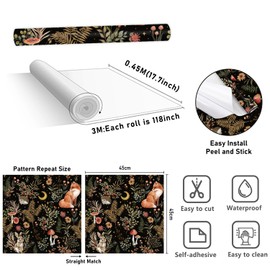 HLNIUC Dark Forest Woodland Wallpaper Peel and Stick 17”x118”Fairy Safari Animal Contact Paper Mushroom Botanical Floral Art Paper Fox and Rabbit Wall Mural Whimsical Wildlife Wallpaper for Nursery