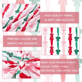 RUSPEPA 26" Reusable Christmas Cloth Wrap, 1 Fabric Wrap with Red and White Santa Sleigh, Reindeer and Pine Tree Design on Natural Cotton, Classic Reusable Gift Wrapping for Holiday, Winter Gifts