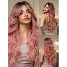 Billowig Long Ombre Pink Wavy Wig for Women, 28 Inch Middle Part Curly Hair, Natural Looking Synthetic Ombre Hair Wig With Dark Root