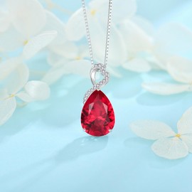 FJ Women's 925 Sterling Silver Drop Pear Shaped Necklace Birthstone Pendant Jewellery Gifts for Women, Cubic Zirconia, Ruby