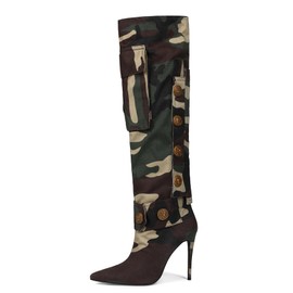Saint Leia Women's Camouflage Green High Heel Knee-High Boots Pointed-Toe Fashion Tall Boots for Ladies Party Date Dress(Camouflage Green,9.5)