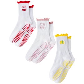 Yawlsow Cute Pilates Grip Socks for Women Ruffle Frilly Yoga Socks Non Slip Cotton Crew Grippy Sock for Barre Workout (US, Alpha, One Size, Regular, Regular, 3 Pack-Red & Pink & Yellow)