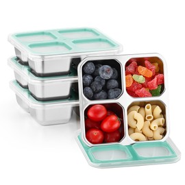 Misichao Stainless Steel Snack Boxes with 4 Compartments | Reusable Snack Containers Small Bento Lunch Box for Kids Adults Divided Meal Prep Containers for School Work and Travel 2 Pack (Blue-4)