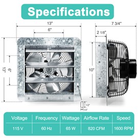 Hipoilk 10 Inch Shutter Exhaust Fan with Thermostat and Speed Controller, Wall Mounted Vent Fan for Attic, Greenhouse, Shed, Garage, Chicken Coop, Shop Ventilation, 820 CFM, 1200 SQF Coverage Area