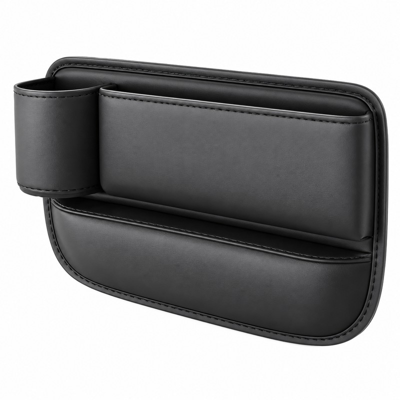 Car Seat Gap Organizer with Cup Holder – Black Leather-Style