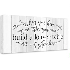 Build a Longer Table Not a Higher Fence - Unique Farmhouse Kitchen and Dining Decoration, Pantry Sign House Display, Modern Housewarming Gift New Home, Wood Style Stretched Canvas Print 12x24
