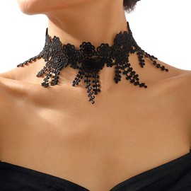 Rannyrena Gothic Lace Flower Choker Necklace Wide Short Collar Necklace Black White Braided Floral Necklace Boho Party Accessory for Women (Black)