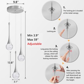 cenzoz 3-Lights Modern Pendant Lights for Kitchen Island LED Dimmable Crystal Glam Ceiling Pendant Lighting Chandelier for Dining Room Hallway Bedroom Corner Lamp Brushed Nickel