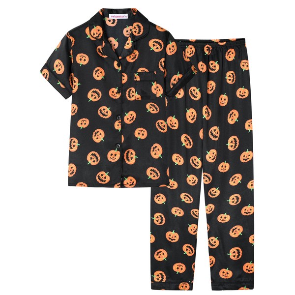 UNICABBIT21 Black Pumpkin Halloween Satin Pajamas for Big Girls Silk