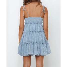 Mansy Womens 2025 Summer Floral Mini Dress Boho Flowy Skater Dresses Short Sleeveless Ruffle Spaghetti Strap Dress Blue