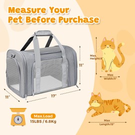 FOORLON Airline Approved Pet Carrier 17"x11"x11" – Soft Sided Cat Dog Travel Bag for Small Pets up to 15 lbs, Portable Collapsible Pet Carrier Under Seat with Mesh Ventilation & Shoulder Strap (Grey)