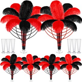 Yuxung 6 Sets Wedding Table Centerpiece Accessories Including 159 Pieces Natural Ostrich Feather Bulk Plastic Vases and Beads Necklaces for Wedding Home Party Centerpiece Supplies(Black, Red)